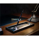 Black Leather Double Pen Stand w/ Silver Accents